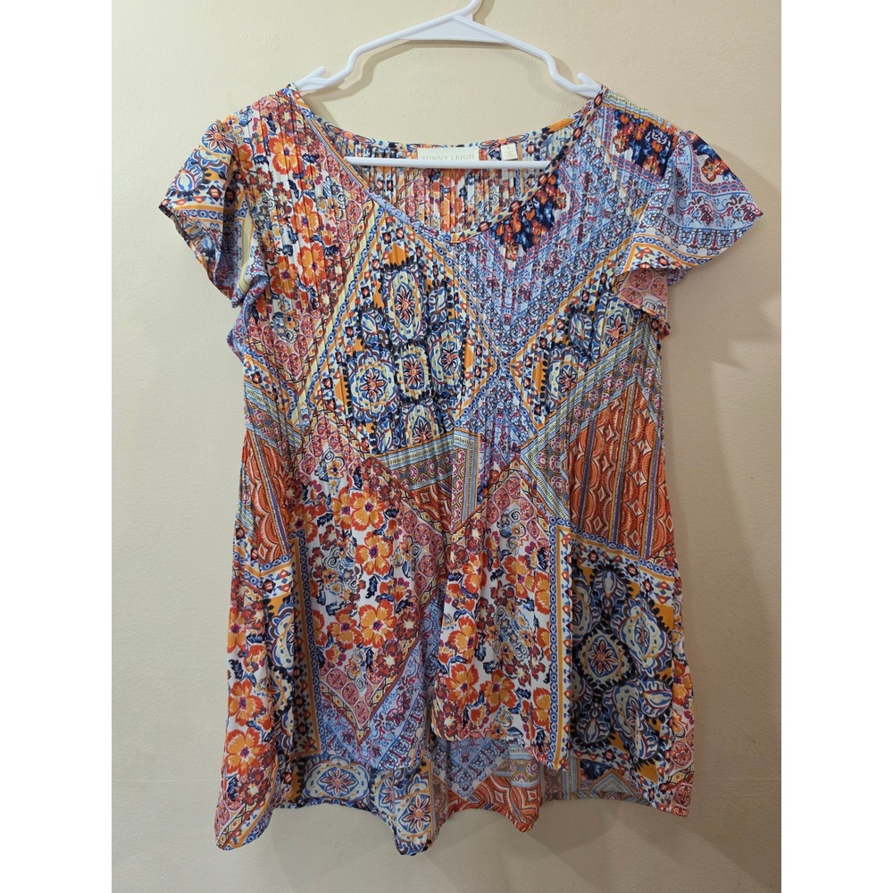 Sunny Leigh Multi-Color Patchwork Pleated Flutter Sleeve V-Neck Blouse Size S‎